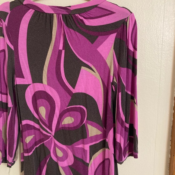 Brown and pink patterned 3/4 sleeve top, stretchy, boho, guc, boho revival - Picture 6 of 7